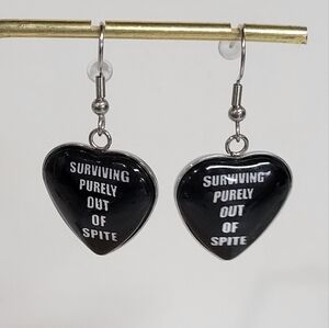 Surviving Purely Out Of Spite 😛 Heart Earrings Dark Funny Gothic Black or White